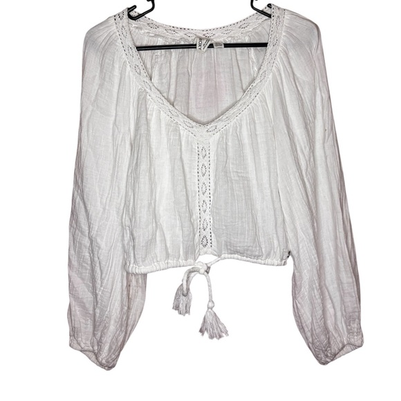 100% Cotton ROXY White Lace-Trimmed Blouse with Tassels - Picture 1 of 13